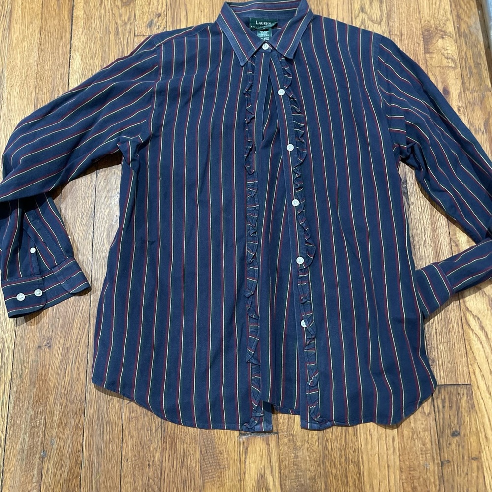 Vintage Lauren Ralph Lauren Navy Button-Front Stripe Shirt with Ruffle Trim
